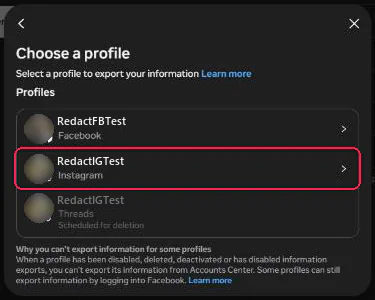 The Choose a profile window listing a Facebook, an Instagram and a Threads profile, with the Instagram profile boxed in red