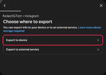 The Choose where to export window with Export to device boxed in red