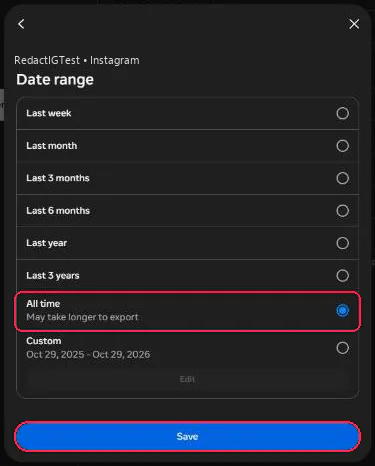 The Date range list with All time selected and boxed in red, and the Save button boxed