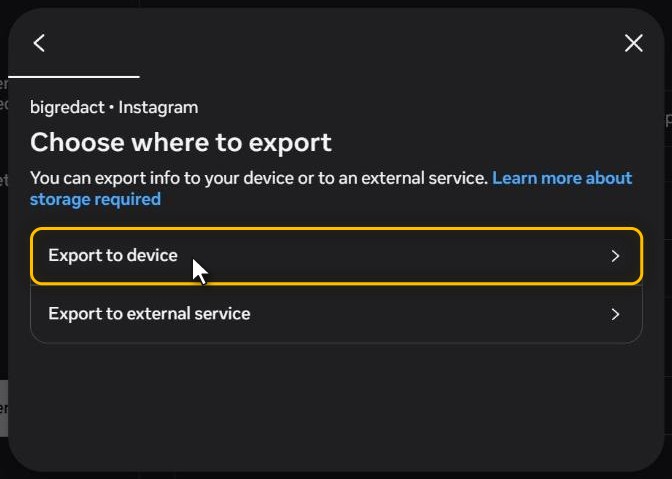 The Choose where to export box with Export to device highlighted