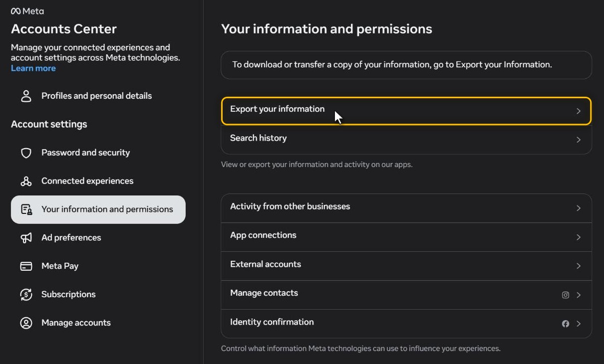 Accounts Center on the Your information and permissions page, with Export your information highlighted