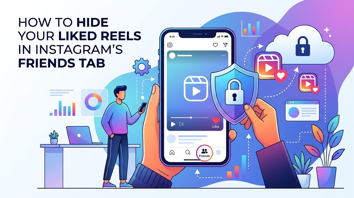 How to Hide Your Liked Reels in Instagram's Friends Tab, with a phone showing a reel and the Friends tab next to a padlock shield