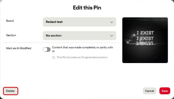 Pinterest's Edit this Pin window with Board, Section and Mark as AI-Modified settings, and the Delete button boxed in red in the bottom-left corner