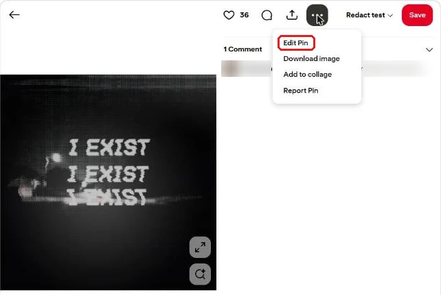 A Pinterest pin with its three-dot menu open, listing Edit Pin, Download image, Add to collage and Report Pin, with Edit Pin boxed in red