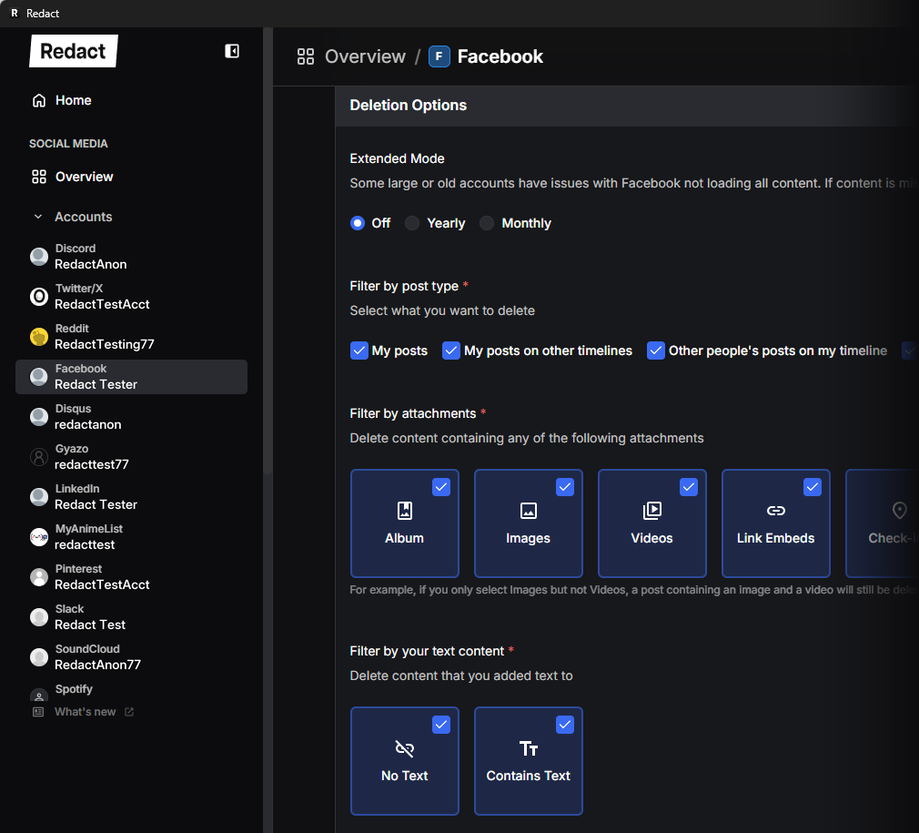 The Redact app with a dozen connected accounts in the left menu, from Discord and Reddit to SoundCloud and Spotify, and Facebook's deletion options open beside them