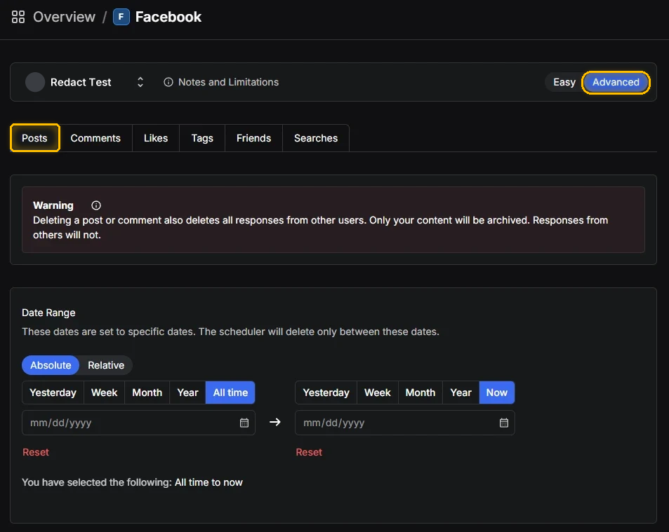 Redact's Facebook screen with Advanced selected, the Posts tab open and the date range set to All time to Now