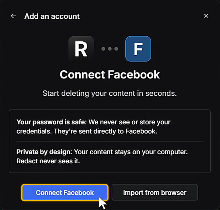 Redact's Add an account window for Facebook, with the Connect Facebook button next to Import from browser