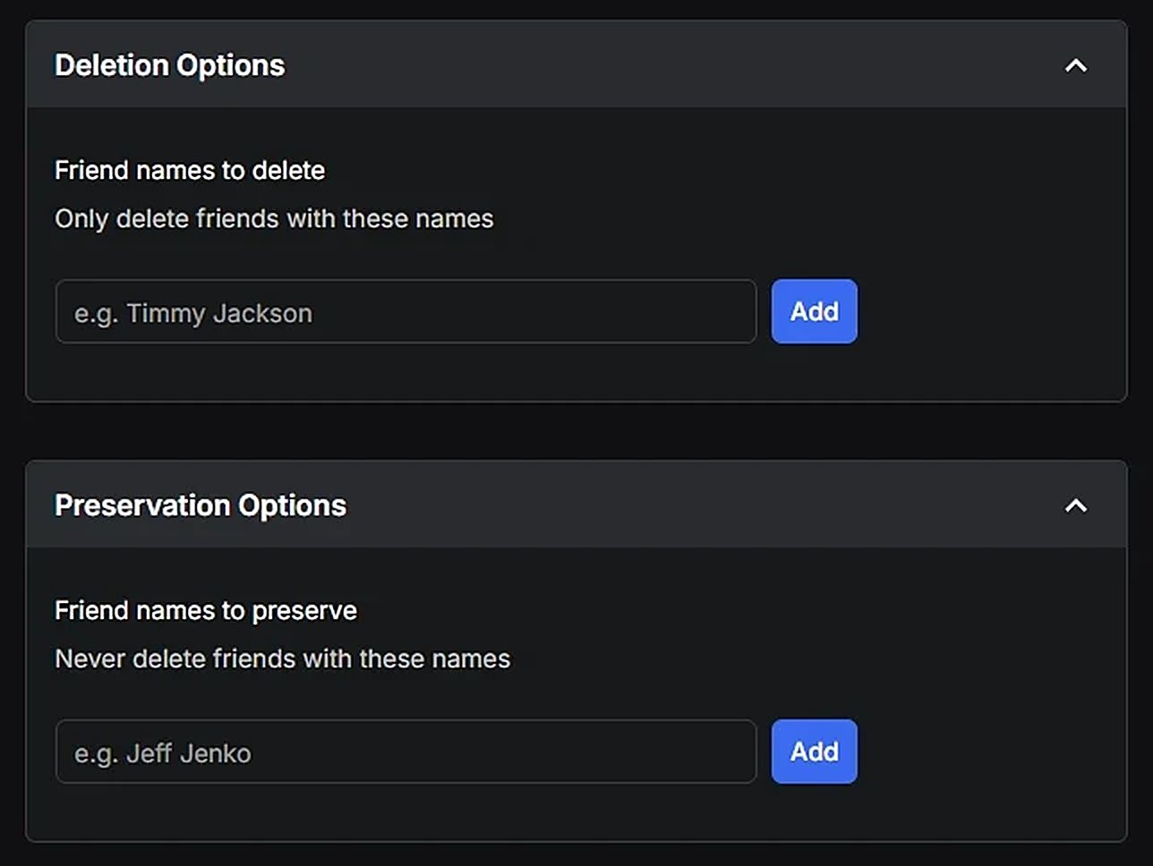 The Friend names to delete and Friend names to preserve boxes in Redact, each with an Add button