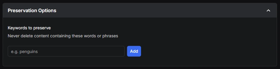 Redact's Preservation Options panel with the Keywords to preserve box