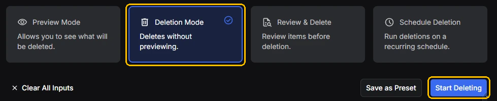 Redact's four mode cards with Deletion Mode selected, above the Start Deleting button
