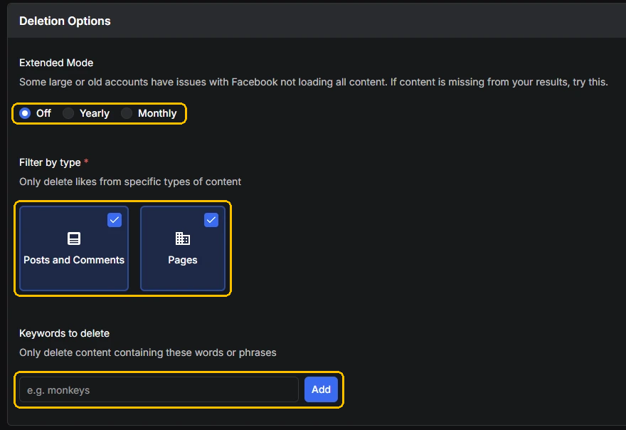 Redact's Deletion Options for Facebook likes, with Extended Mode set to Off, the Posts and Comments and Pages tiles ticked, and the Keywords to delete box