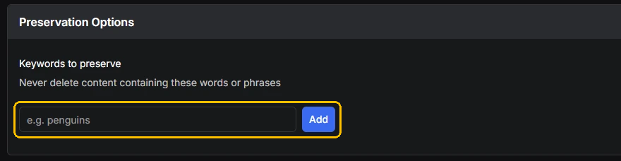 Redact's Preservation Options for Facebook likes, with the Keywords to preserve box
