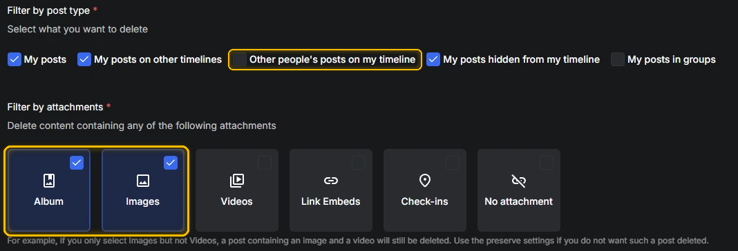 Redact's Filter by post type and Filter by attachments options, with Other people's posts on my timeline unticked and only Album and Images ticked