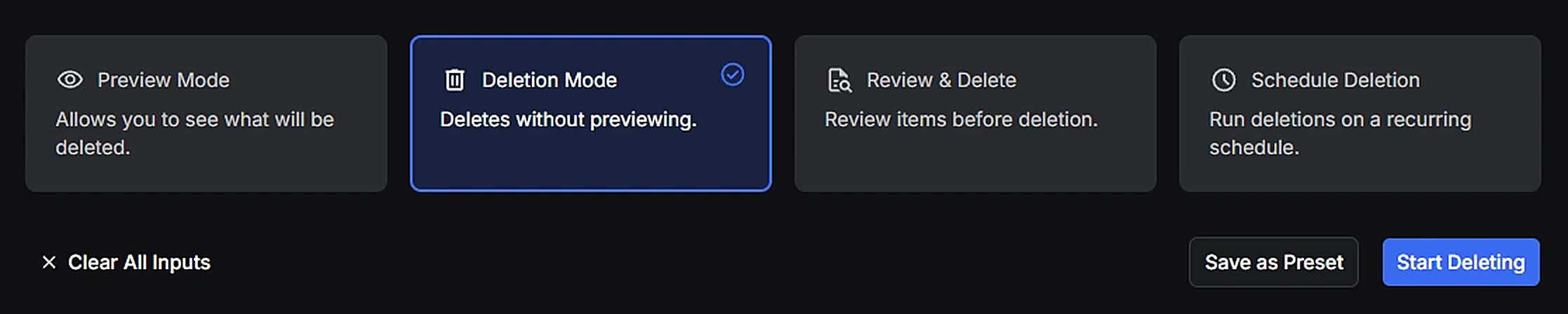Redact's four run modes in a row, Preview Mode, Deletion Mode, Review & Delete and Schedule Deletion, above the Start Deleting button