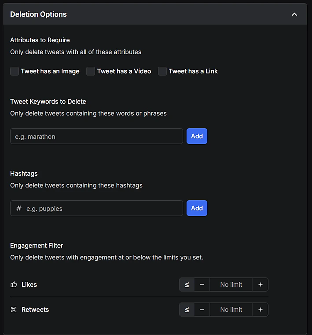 Deletion Options on Redact's Advanced form, with Attributes to Require, Tweet Keywords to Delete, Hashtags and the Engagement Filter