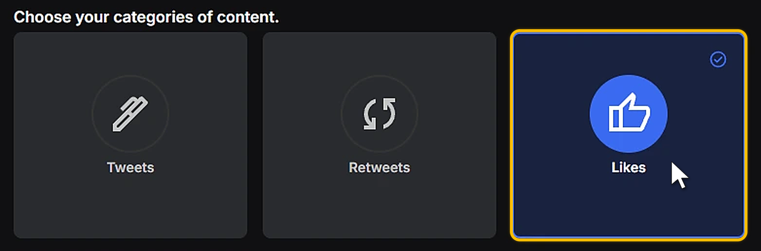 The Tweets, Retweets and Likes tiles on Redact's Easy form for Twitter/X, with only Likes highlighted