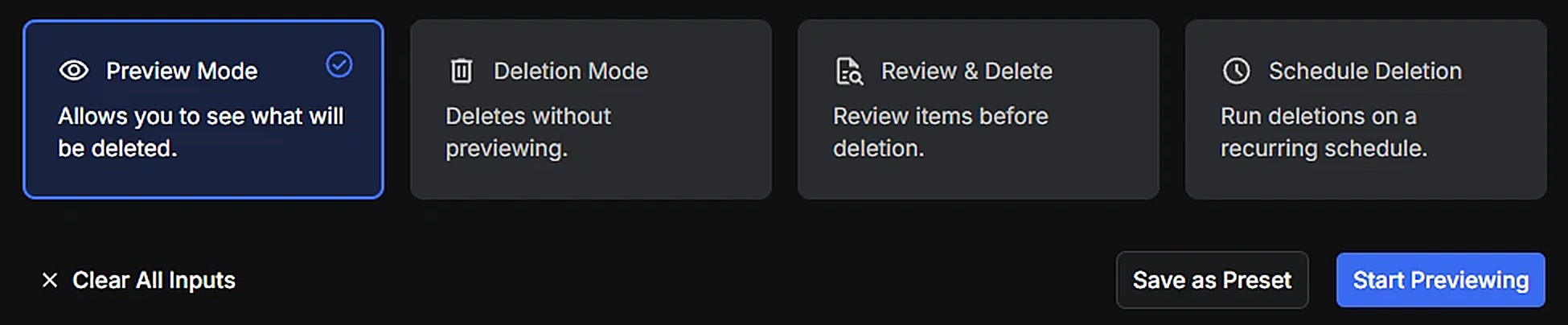 Redact's four run modes, Preview Mode, Deletion Mode, Review & Delete and Schedule Deletion, with Preview Mode picked and the Start Previewing button below