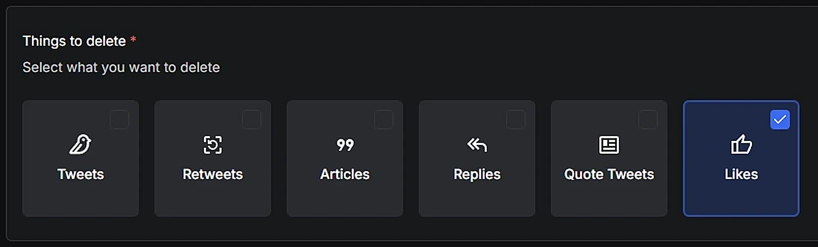 Things to delete on Redact's Advanced form, with Tweets, Retweets, Articles, Replies and Quote Tweets unticked and Likes ticked