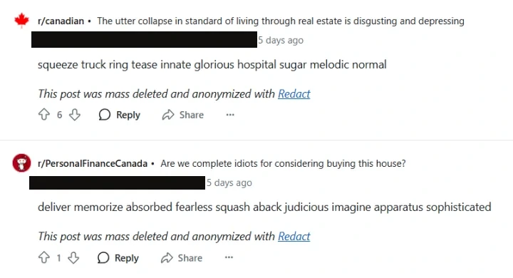 Two Reddit comments overwritten with strings of random words, each signed off with This post was mass deleted and anonymized with Redact
