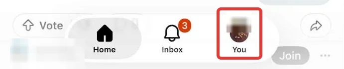 The bottom bar of the Reddit iPhone app with Home, Inbox and You, with You boxed in red