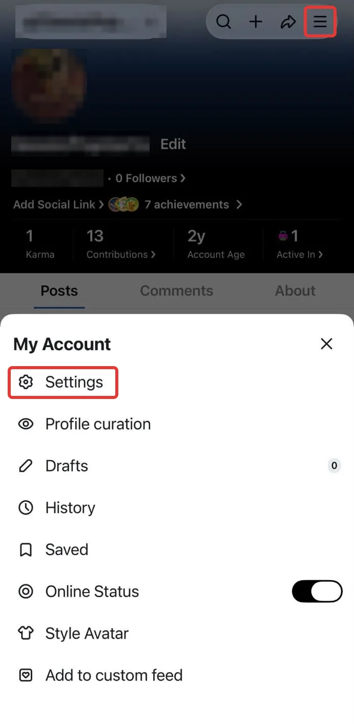 A Reddit profile in the iPhone app with the three-line menu boxed at the top right, and the My Account sheet open below with Settings boxed