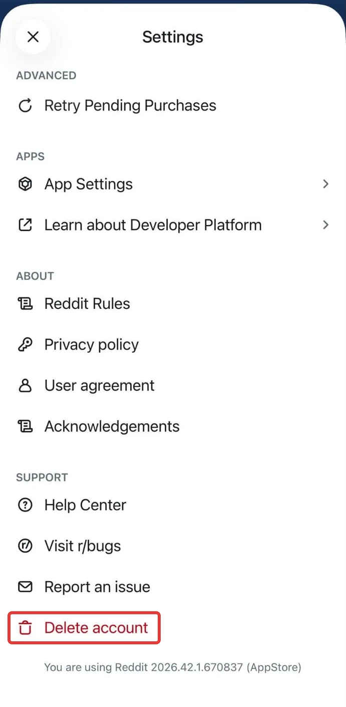 The bottom of Settings in the Reddit iPhone app, with Delete account boxed in red under Support
