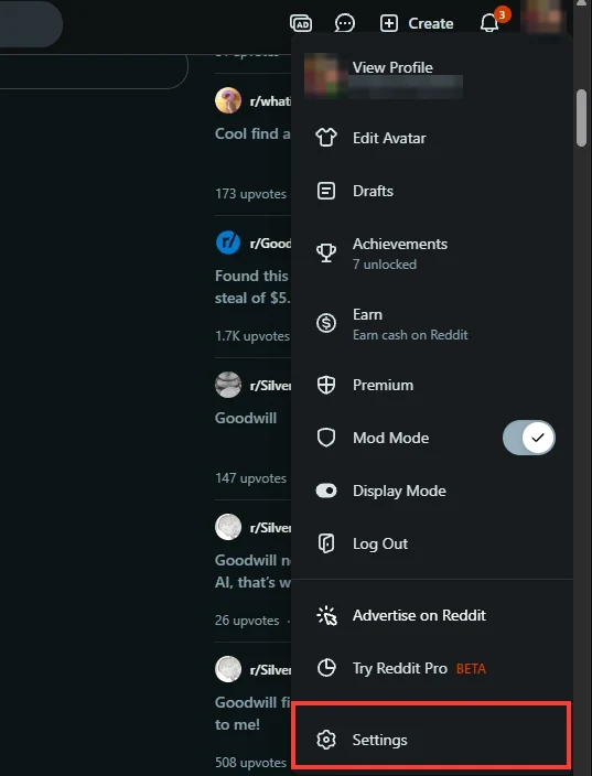Reddit's profile menu listing View Profile, Edit Avatar, Drafts, Achievements, Earn, Premium, Mod Mode, Display Mode and Log Out, with Settings boxed in red at the bottom