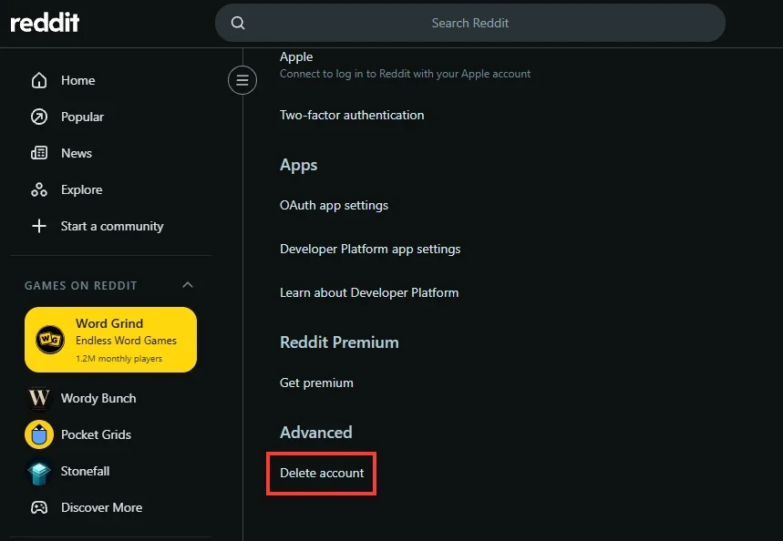 The bottom of Reddit's account settings, with the Apps and Reddit Premium sections and Delete account boxed in red under Advanced