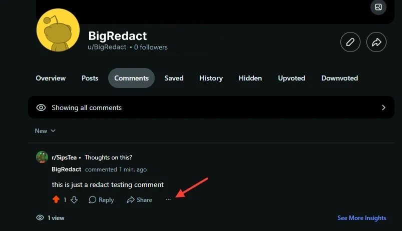 A Reddit profile on the Comments tab, with an arrow pointing at the three-dot menu under a comment