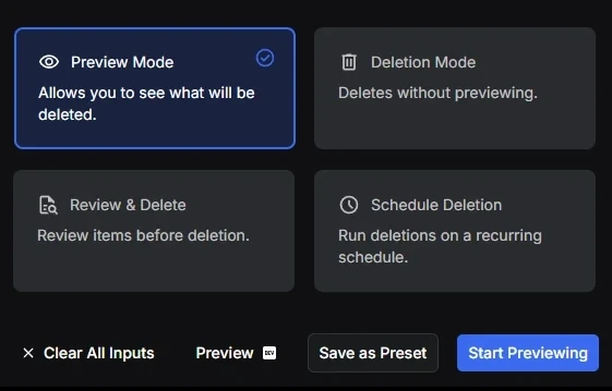 Redact's four modes, Preview Mode, Deletion Mode, Review & Delete and Schedule Deletion, above the Clear All Inputs, Save as Preset and Start Previewing buttons