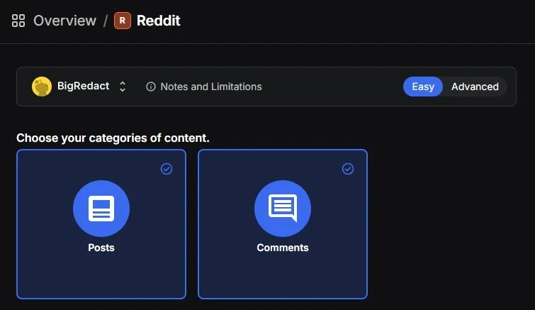 Redact's Reddit screen on the Easy form, with the Posts and Comments categories both ticked and the Easy and Advanced switch at the top right