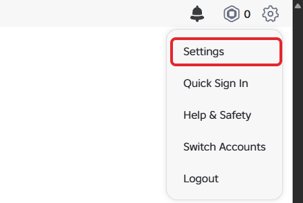 Roblox's gear menu open at the top right, with Settings boxed in red above Quick Sign In, Help & Safety, Switch Accounts and Logout