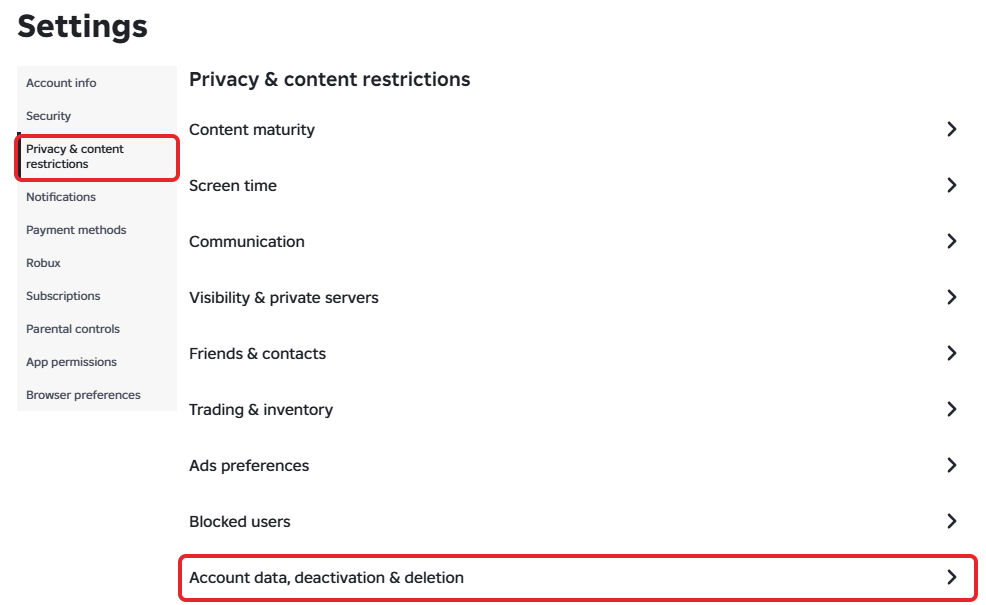 Roblox's Settings page on the Privacy & content restrictions tab, with the tab and the Account data, deactivation & deletion row boxed in red