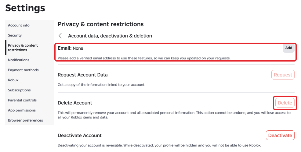 Roblox's Account data, deactivation & deletion page for a test account with no email, with the Email line and the greyed-out Delete button boxed in red, above Deactivate Account