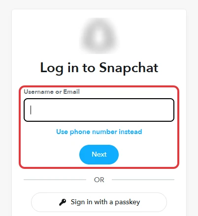 The Snapchat accounts portal's Log in to Snapchat page, with the Username or Email field and the Next button boxed in red