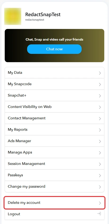 The Snapchat accounts portal home page, with Delete my account boxed in red