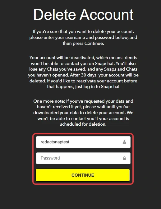 Snapchat's Delete Account page with the notes on deactivation and data downloads, and the username, password and Continue fields boxed in red