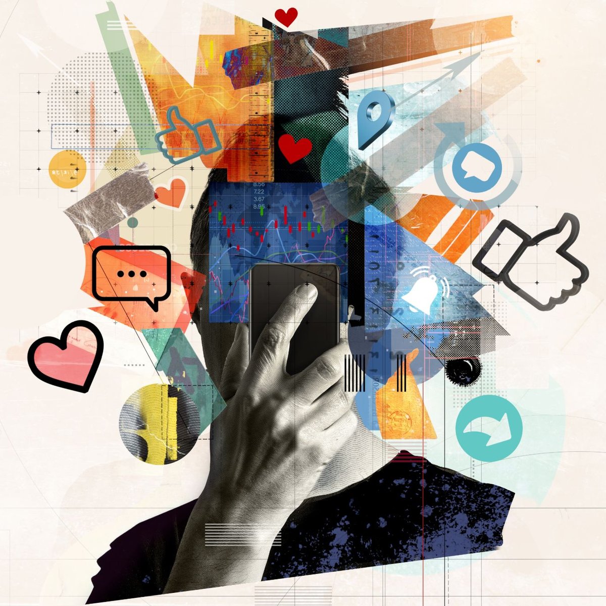 Collage of a person holding a phone in front of their face, surrounded by likes, hearts, comment bubbles and share icons