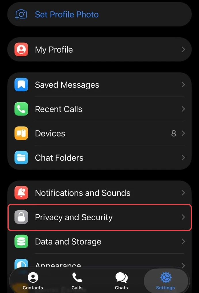 The Telegram iPhone app's Settings tab, with Privacy and Security boxed in red below Notifications and Sounds