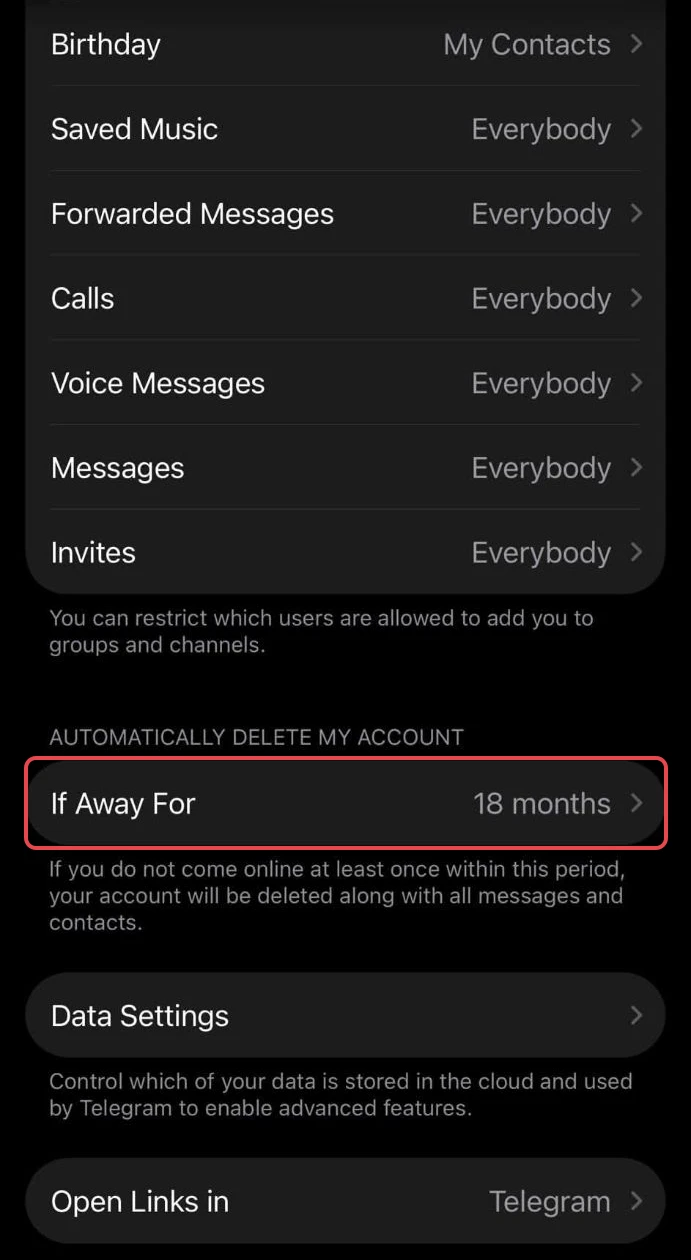 The Telegram iPhone app's Privacy and Security screen, with If Away For set to 18 months boxed in red under Automatically Delete My Account