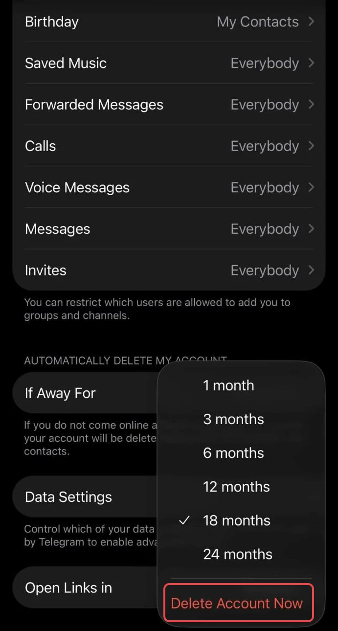 The If Away For menu in the Telegram iPhone app listing 1, 3, 6, 12, 18 and 24 months, with Delete Account Now boxed in red at the bottom