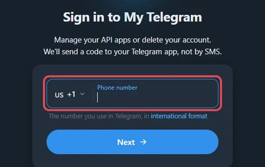The Sign in to My Telegram page, with the country code and Phone number field boxed in red above the blue Next button
