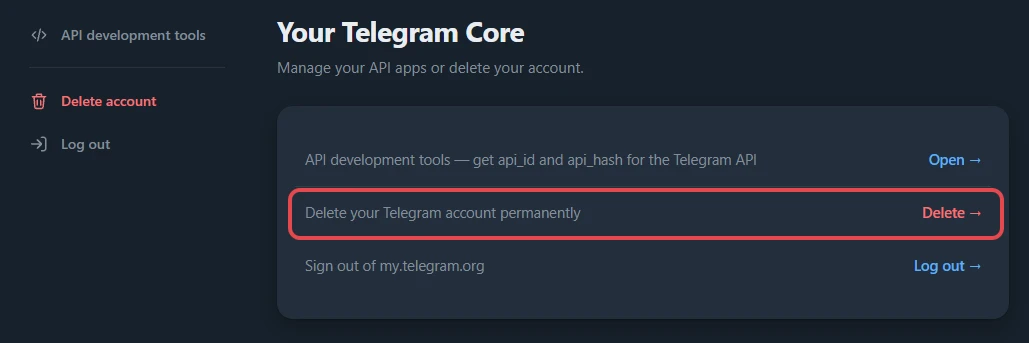The Your Telegram Core page on my.telegram.org, with the Delete your Telegram account permanently row and its red Delete link boxed
