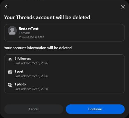 The screen that lists the followers, posts and photos that go with a deleted Threads account