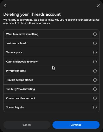 The reason list Threads shows before it deletes an account