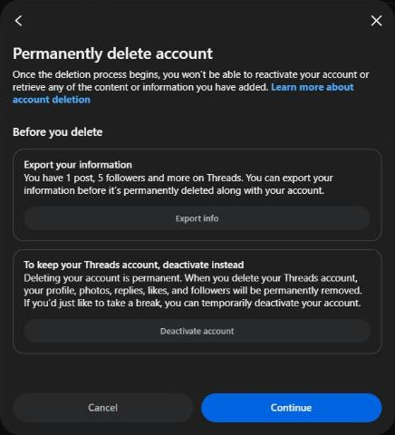The Permanently delete account screen, with Export info and Deactivate account