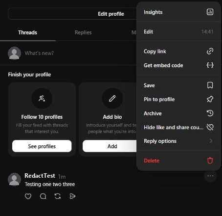 The three-dot menu on a Threads post, with Delete in red at the bottom