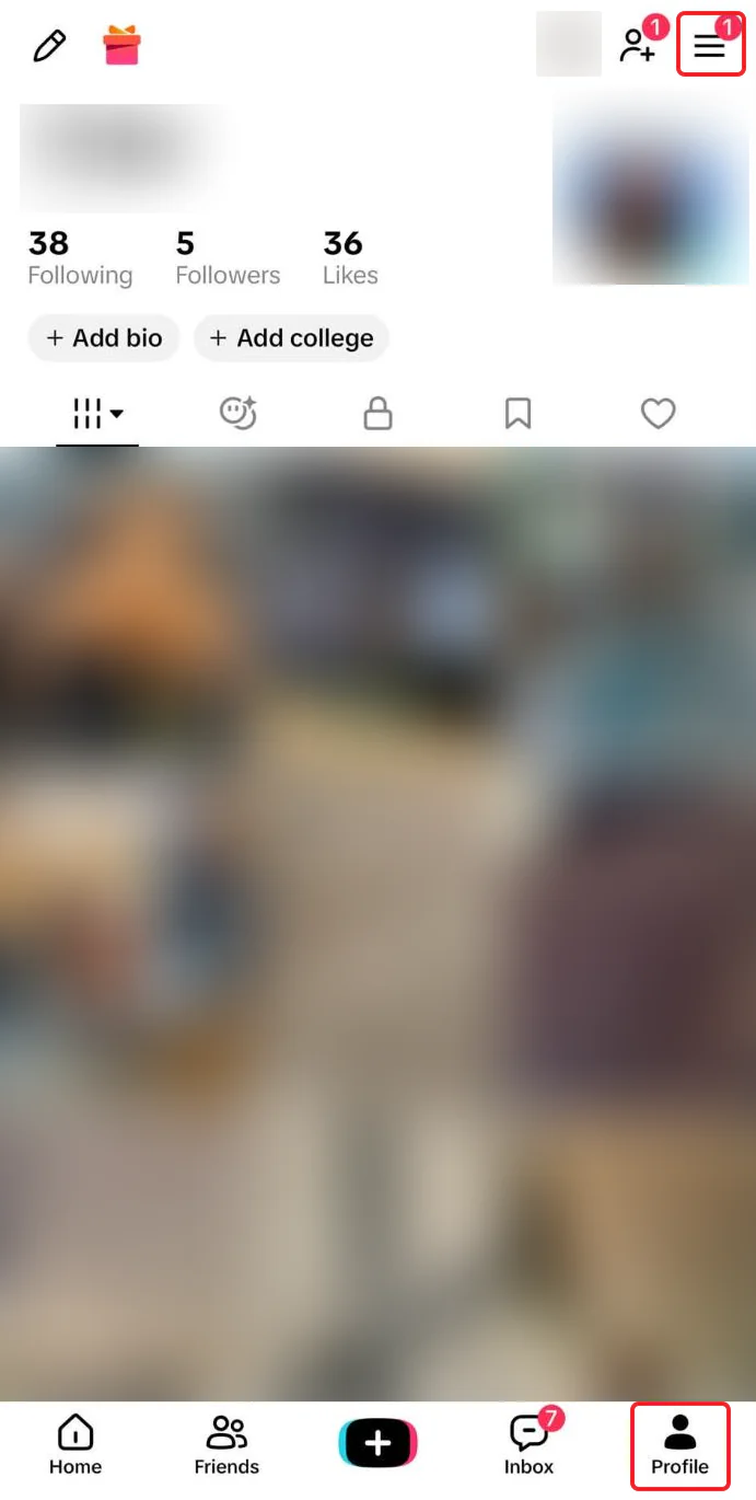TikTok's iPhone profile screen with the name, photos and videos blurred, the Menu button boxed in red at the top right and the Profile tab boxed in red at the bottom right