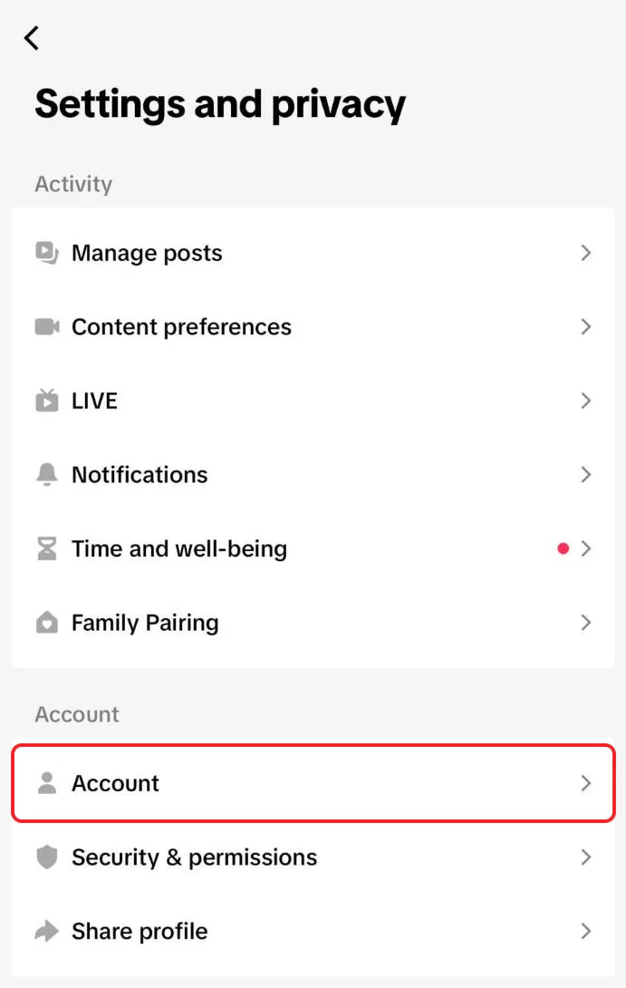 TikTok's iPhone Settings and privacy screen, with Account boxed in red under the Account heading