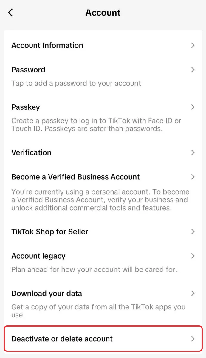 TikTok's iPhone Account screen, with Deactivate or delete account boxed in red at the bottom, below Download your data